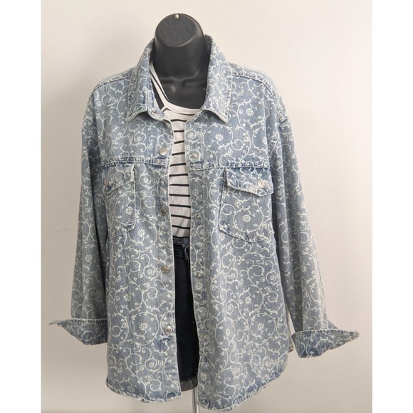 Womens Vintage Blue Denim Jean Floral Jacket STOOSH 90s Y2K Button Down Size L - Picture 11 of 13